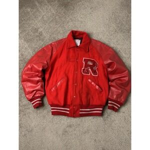 Vintage Mens 80s Naugalite Texas Red Varsity Hockey Letterman Jacket, Size 44